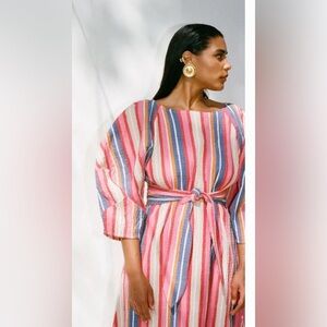 Mara Hoffman Cecilia Stripe Puff Sleeve Cotton Midi Dress Rainbow Multi Medium